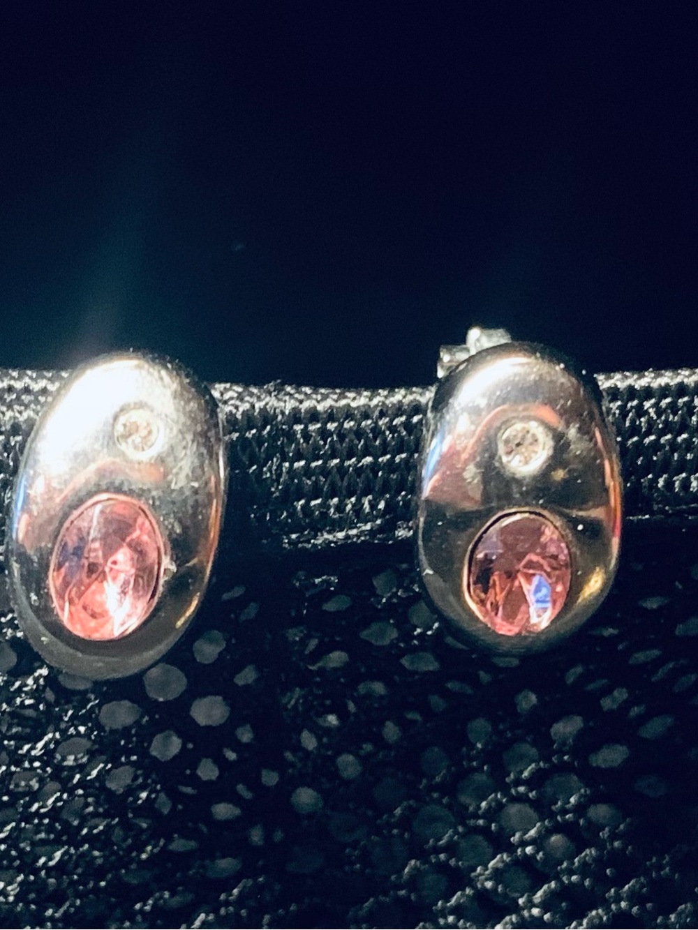 Vintage Silver Pink Crystal Oval Stud Clip on Earrings